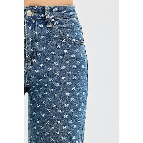 RISEN High Rise Bow Embroidered Details Zip Fly Dark Wash Wide Leg Denim Jeans